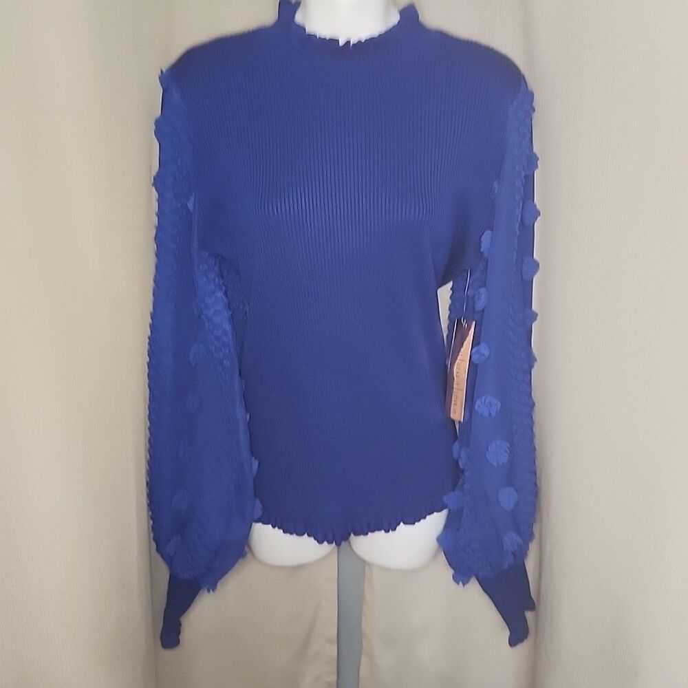 Sweater Almost Famous 1X Embroidered Sheer Balloon Sleeve Crochet Purple Cobalt